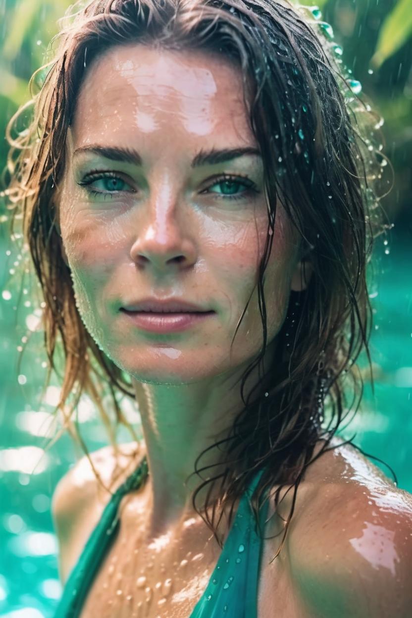 Artificial Intelligence (AI) generated image art, woman, Create a portrait with wet hair, emerging from crystal-clear turquoise water, with her skin glistening from the droplets. Her expression is calm yet captivating, with bright, piercing hazel eyes. The setting is natural, with blurred greenery in the distant background, evoking a serene and tropical atmosphere. The focus is on her face and shoulders, capturing her beauty and natural glow."