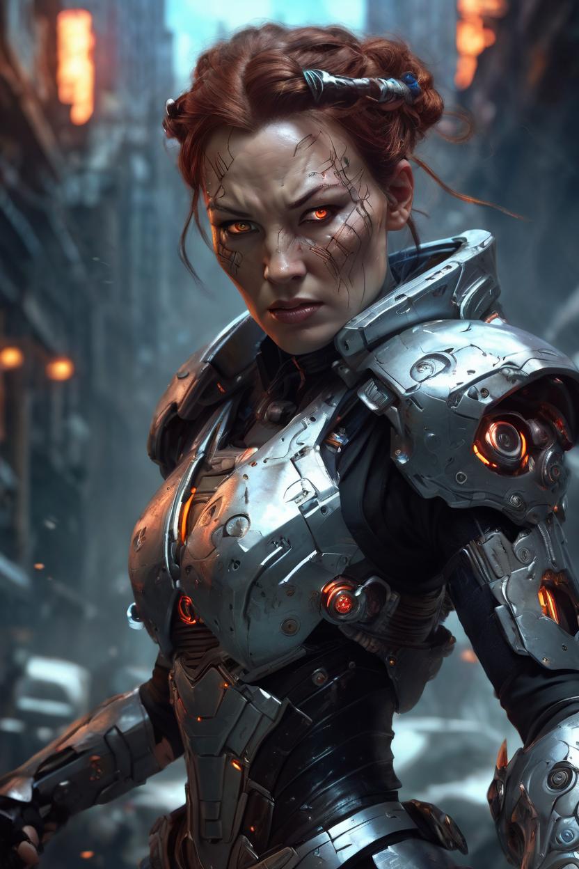 Artificial Intelligence (AI) generated image art, woman as an evil cyborg, fighting in an intense scifi battle, diffuse lighting, fantasy, intricate, elegant, highly detailed, lifelike, photorealistic, digital painting, artstation, illustration, concept art, smooth, sharp focus, art by john collier and albert aublet and krenz cushart and artem demura and alphonse mucha