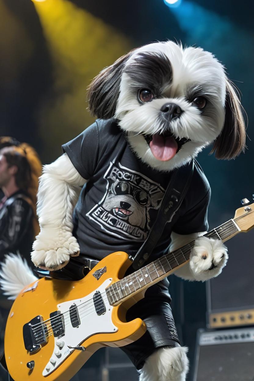 Artificial Intelligence (AI) generated image art, dog playing electric guitar like a human on stage with a rock band in a giant stadium