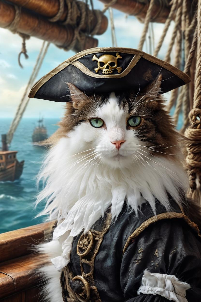 Artificial Intelligence (AI) generated image art, cat, portrait (realistic and realistic head), oceanic pirate, ship related background, eye patch,