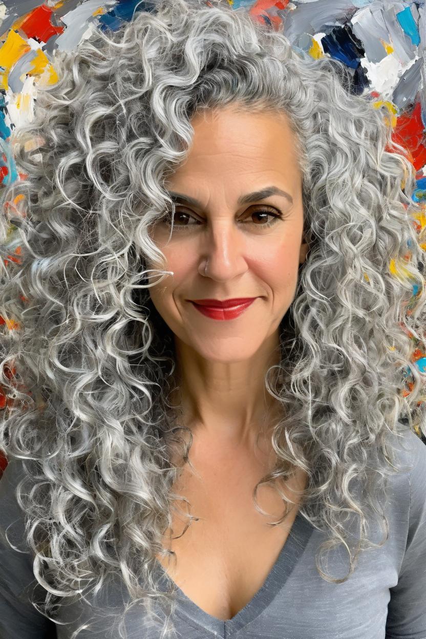 Artificial Intelligence (AI) generated image art, woman, long, silver-gray naturally curly hair, oil painting by Jackson Pollock, abstract, colorful, artistic, asymmetrical