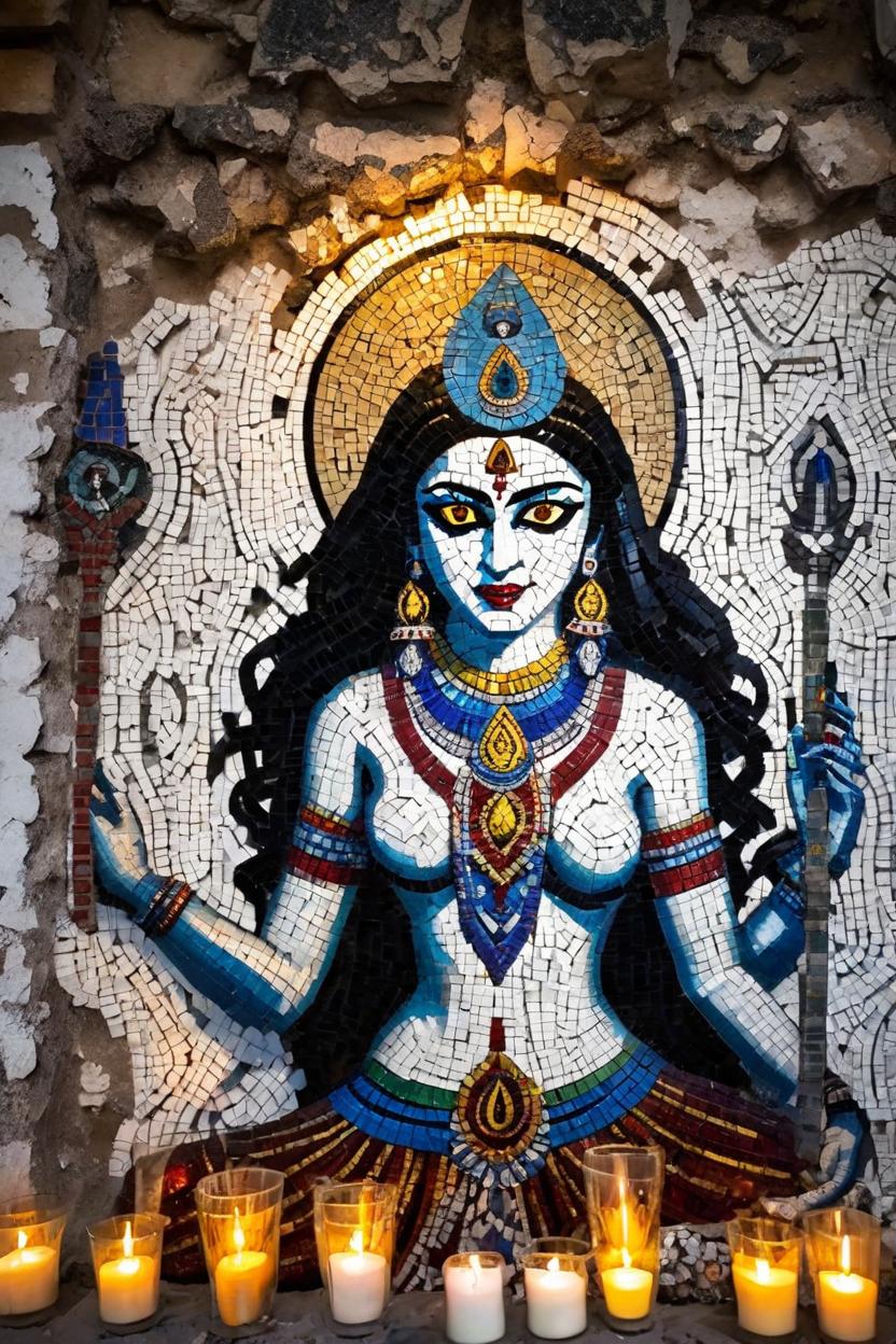 Artificial Intelligence (AI) generated image art, woman, mosaic, as indian goddess kali on the wall of an ancient ruined palace yet small gifts and candles show she is still worhipped.