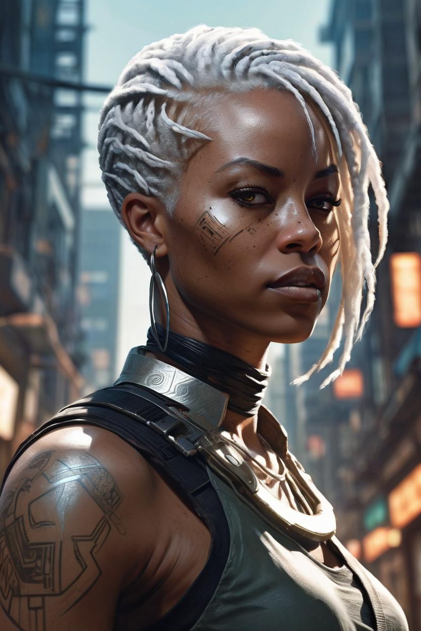 Artificial Intelligence (AI) generated image art, woman, Masterpiece, best quality, Extremely detailed, Beautiful shadows, cyberpunk style, Unity, Wallpaper, all the beauty of light brown African american woman with short white hair, sango fantasy, fantasy magic by Ricardo Fernandez Ortega, intricate, sharp focus, illustration, high detail