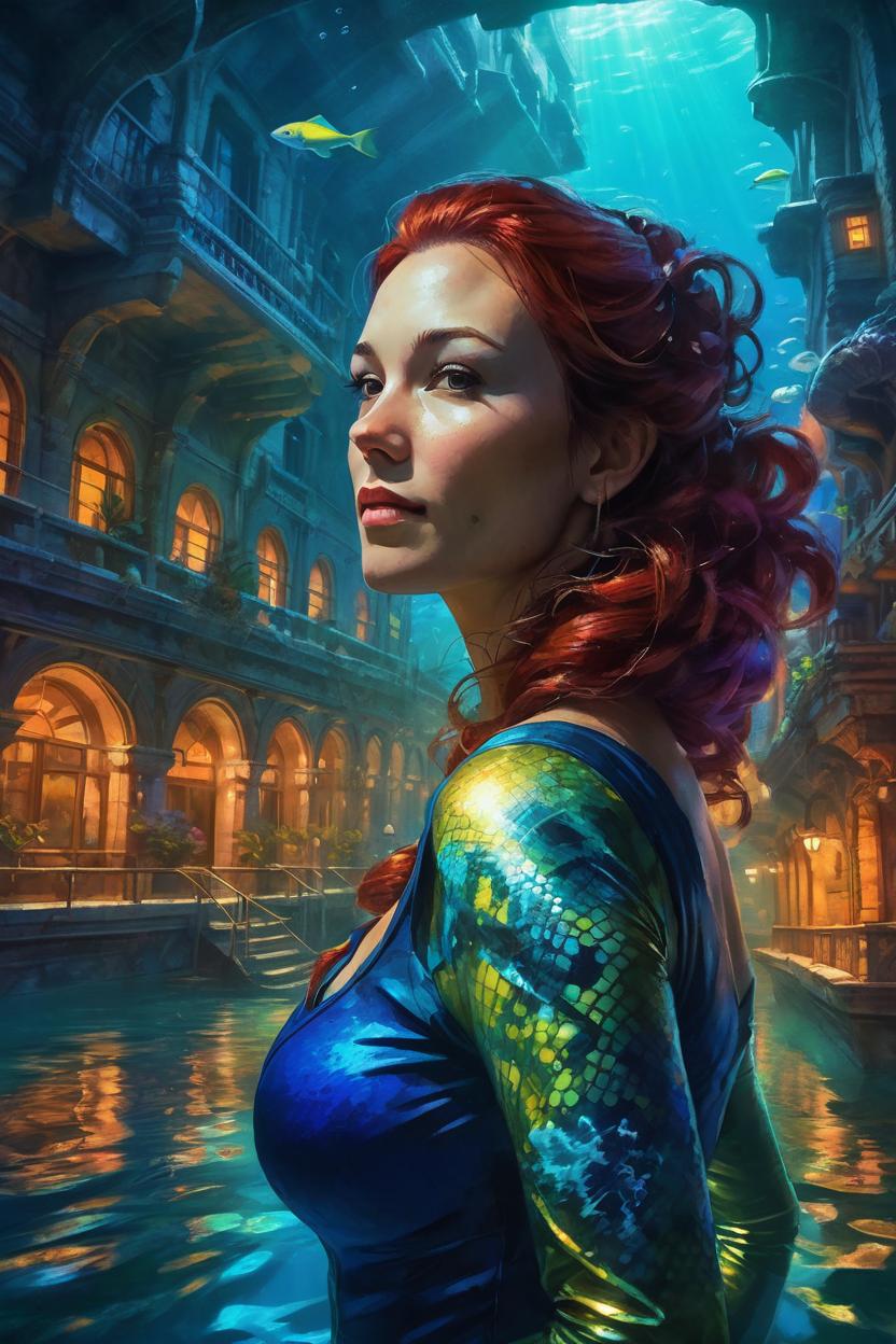 Artificial Intelligence (AI) generated image art, woman, over the shoulder, art by greg rutkowski, exploring underwater city, beautiful colors, stunning lighting, masterpiece artwork