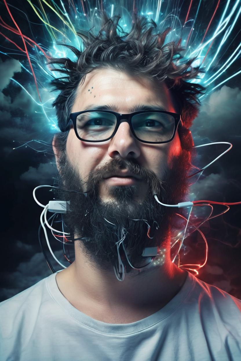 Artificial Intelligence (AI) generated image art, tech exploding out a man head, cables, monitors, chips, neon, cybernaut mind, expressive creative art, surrealistic concept art, ethereal landscape in a cloud of code coming out the top of a human head, incredible details, high-quality, flawless composition, masterpiece, behance, by Marco Mazzoni, ink wash, rayban glasses that display scrolling matrix code in red, bushy beard has network cables cables