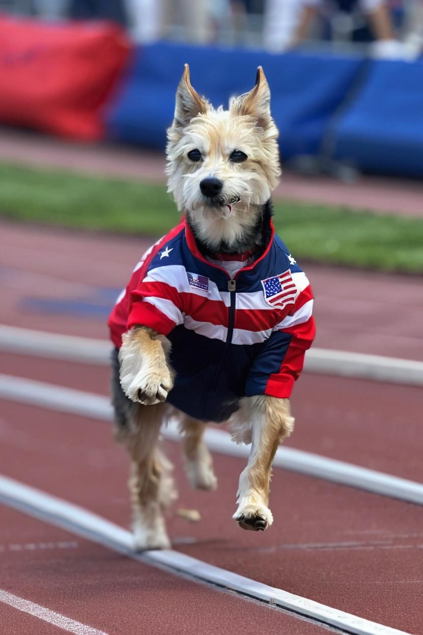 Artificial Intelligence (AI) generated image art, dog as a USA Olympian in USA uniform running track and field