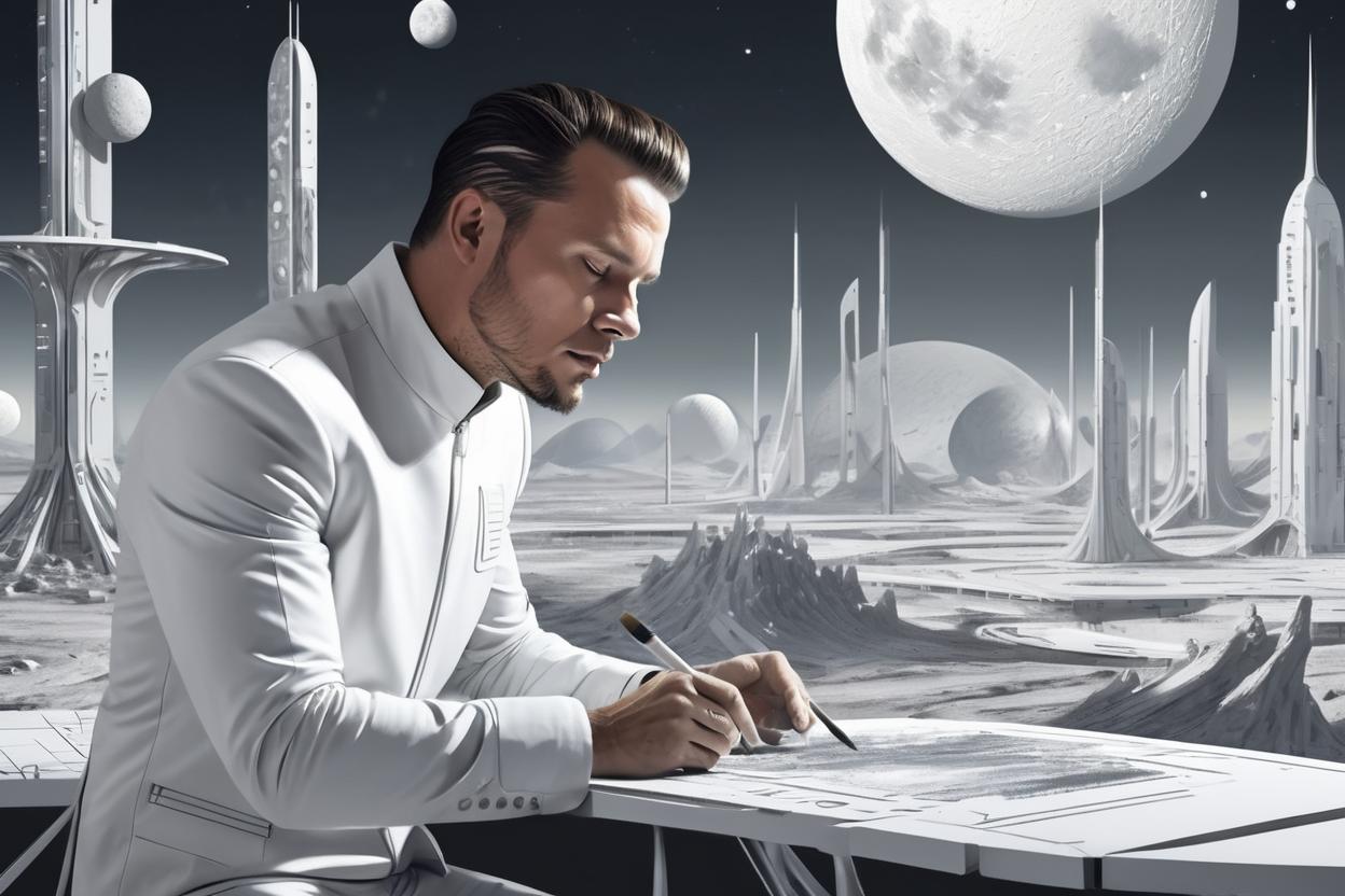 Artificial Intelligence (AI) generated image art, man, an architect, in white and silver attire, designing structures on a lunar landscape. The moon's surface is depicted in soft grays and whites, with futuristic buildings, painted in a sleek, modern style