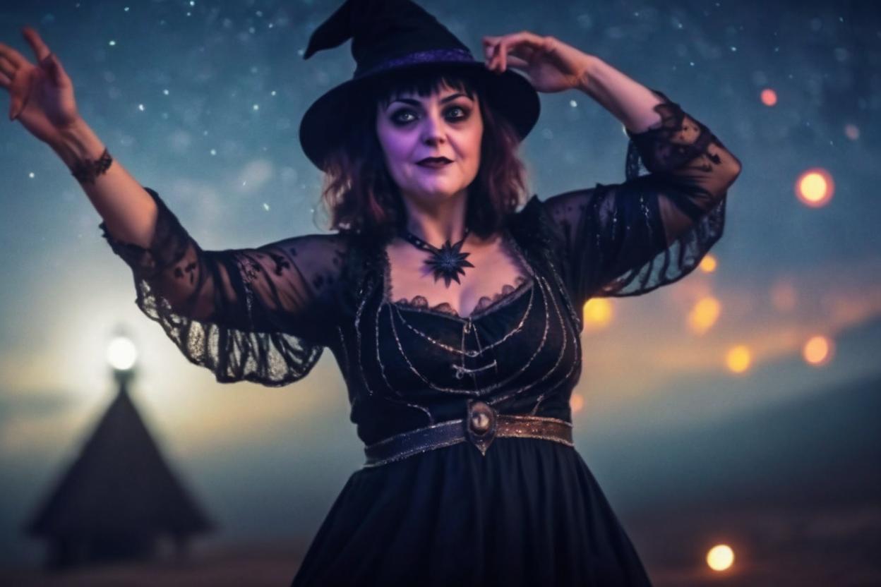 Artificial Intelligence (AI) generated image art, woman, cinematic, full body, dancing at the witching hour on samhain as the trickster dances with her