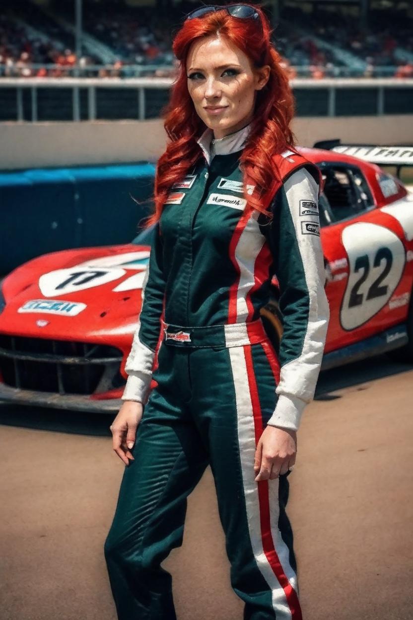 Artificial Intelligence (AI) generated image art, woman, realistic, Red Hair,full body, two piece race car uniform