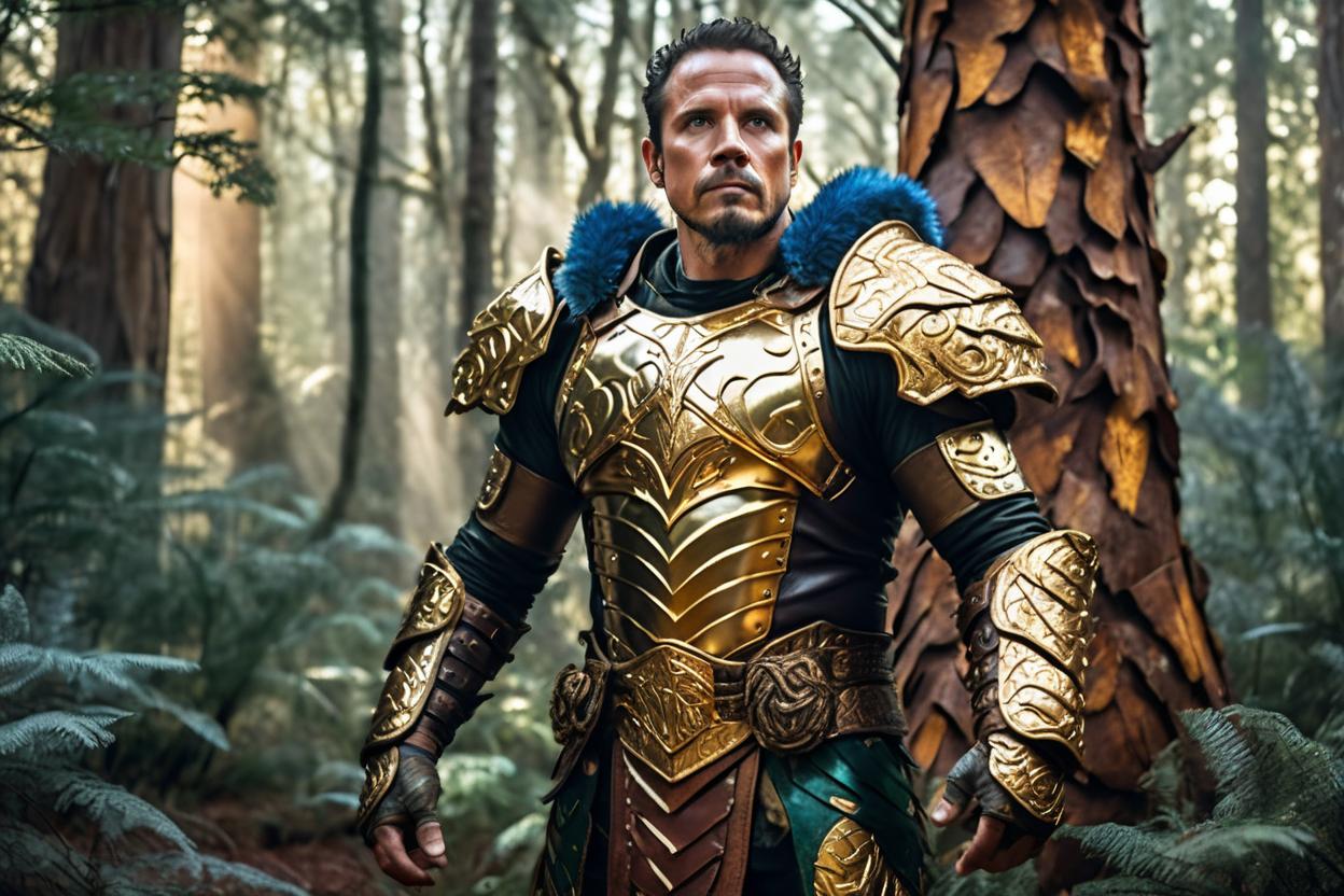 Artificial Intelligence (AI) generated image art, man, an athletic earth guardian, in intricate hardened leather and gold armor, protecting an enchanted forest. The scene is filled with towering ancient trees and mystical creatures