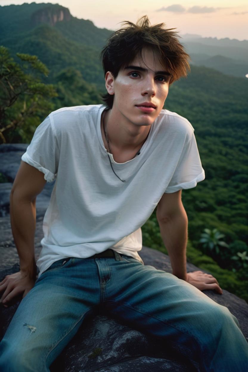 Artificial Intelligence (AI) generated image art, A dreamy and casual portrait of man, photography by annie leibovitz , ultrarealistic, photorealistic, lying on a cliff, looking away from the camera, large and natural eyes, very fair skin, (very thin body), (slender face with full lips), (youthful features), twilight sky, bathed in evening light, backlit, rainforest in the distance, wearing jeans and a white shirt