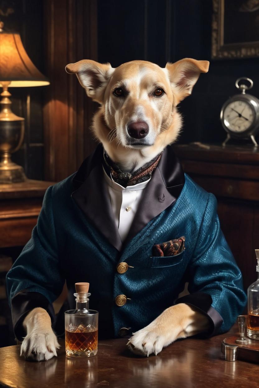 Artificial Intelligence (AI) generated image art, dog, British aristocrat in smoking jacket, dark billard room background, pocket watch, glass of whisky