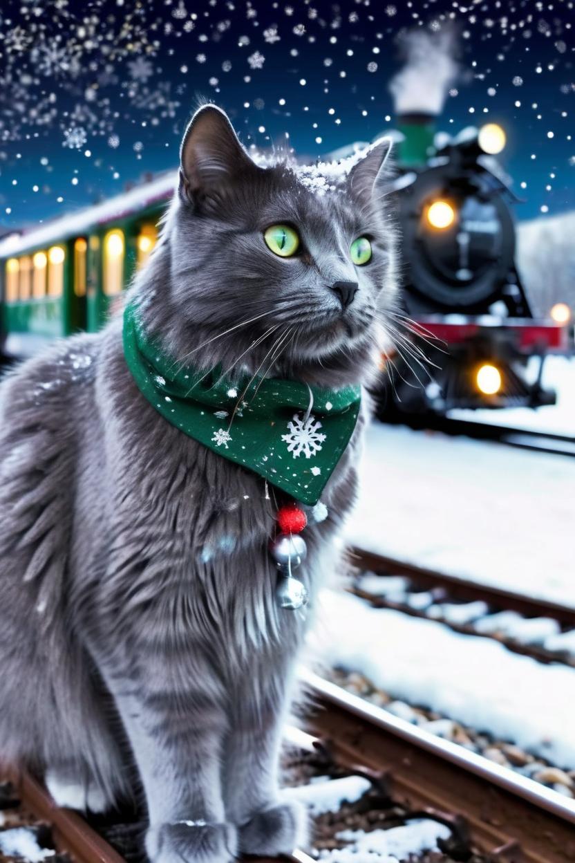 Artificial Intelligence (AI) generated image art, cat, Create a vivid image of a Nebelung cat outside in a snowy landscape with a Polar Express theme. The cat is wearing a green scarf and sitting on a train platform, with a steam train in the background adorned with Christmas lights. The scene is festive with falling snow, twinkling lights, and a starry night sky, capturing the essence of a magical Christmas adventure.
