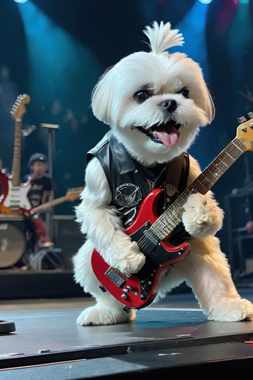 Artificial Intelligence (AI) generated image art, dog playing electric guitar like a human on stage with a rock band in a giant stadium