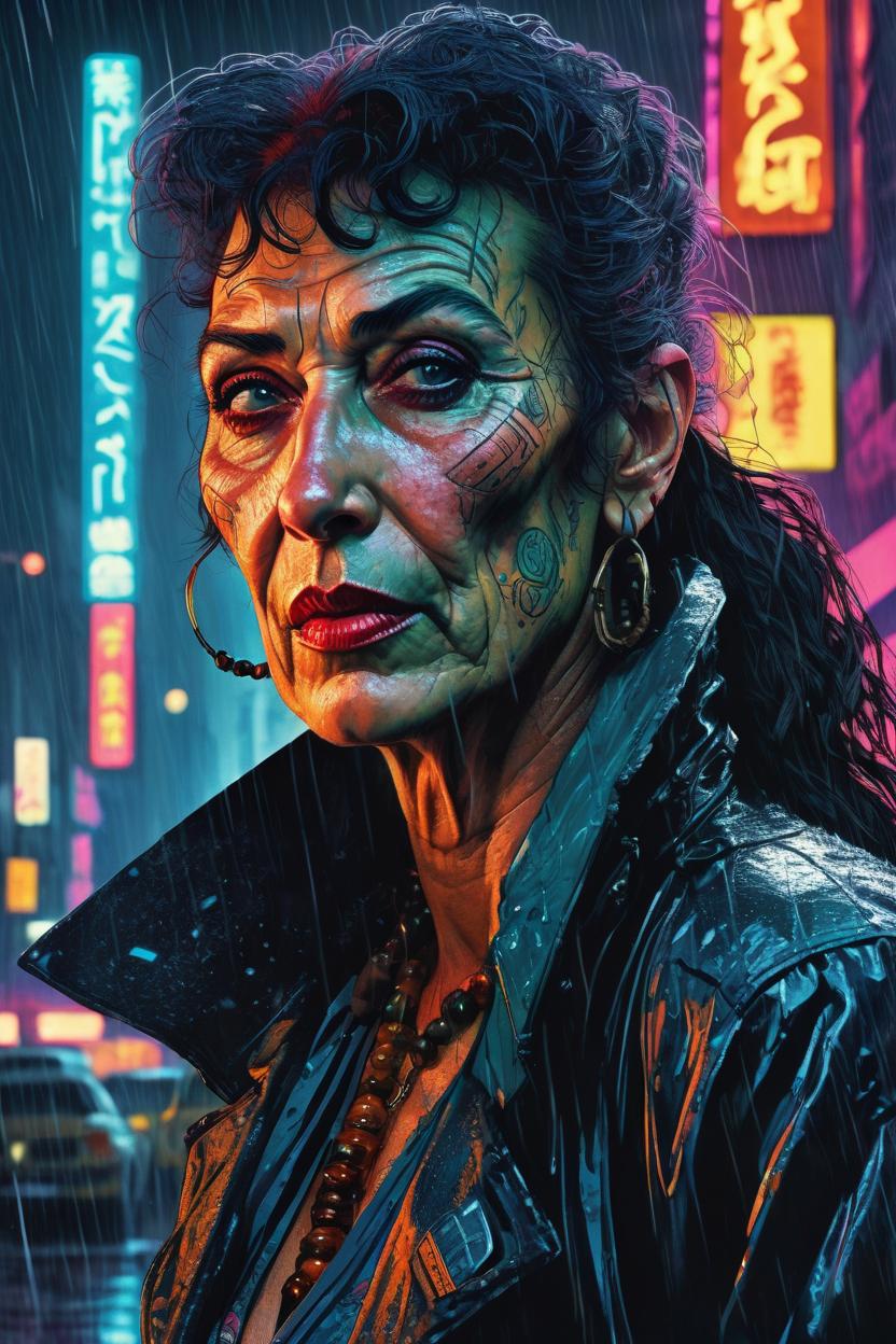 Artificial Intelligence (AI) generated image art, An edgy, modernist portrait of woman, a cyberpunk rebel in the rain-soaked streets of a neon-lit metropolis, evocative of Blade Runner, with nods to the graphic styles of Frank Miller and Jean Giraud (Moebius), rendered in hyperrealistic detail with a noir palette, high-tech tattoos glow against a backdrop of futuristic skyscrapers, rebellious spirit