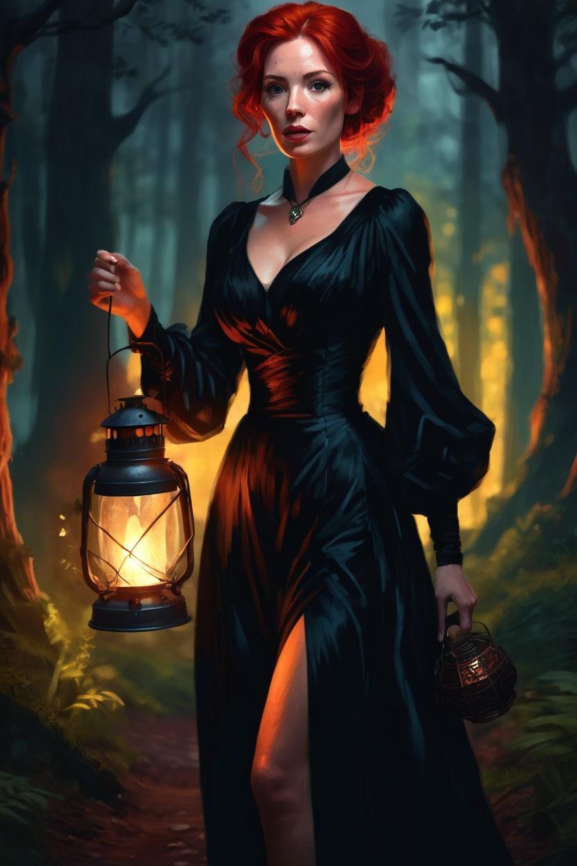 Artificial Intelligence (AI) generated image art, woman, ((portrait)), beautiful red hair, dressed in a black gown, highly detailed illustration, walking through a dark forest holding a lantern at midnight, deep focus, d & d, fantasy, intricate, elegant, highly detailed, digital painting, artstation, concept art, sunset, matte, sharp focus, pouty lips, ultrarealistic, shot in the style of Wes Anderson, Mysterious and seductive atmosphere