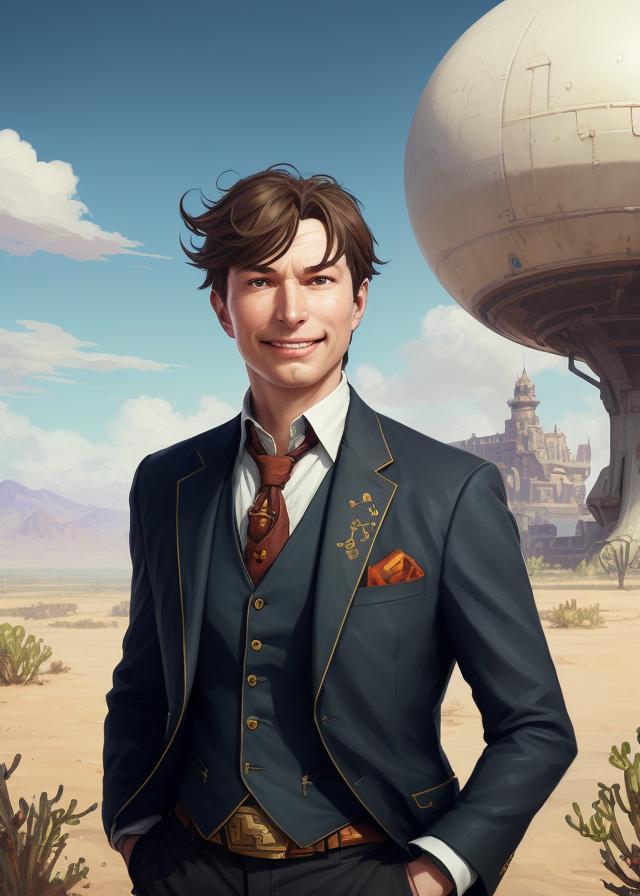Artificial Intelligence (AI) generated image art, person, dark brown hair wide shot, full-length, stylish modern suit with open collar shirt, smile, sunset, highly detailed illustration, standing in a desert landscape where train tracks diverge in the distance, deep focus, d & d, fantasy, intricate, elegant, highly detailed, digital painting, artstation, concept art, matte, sharp focus, illustration, hearthstone, art by artgerm and greg rutkowski and alphonse mucha and marco mazzoni
