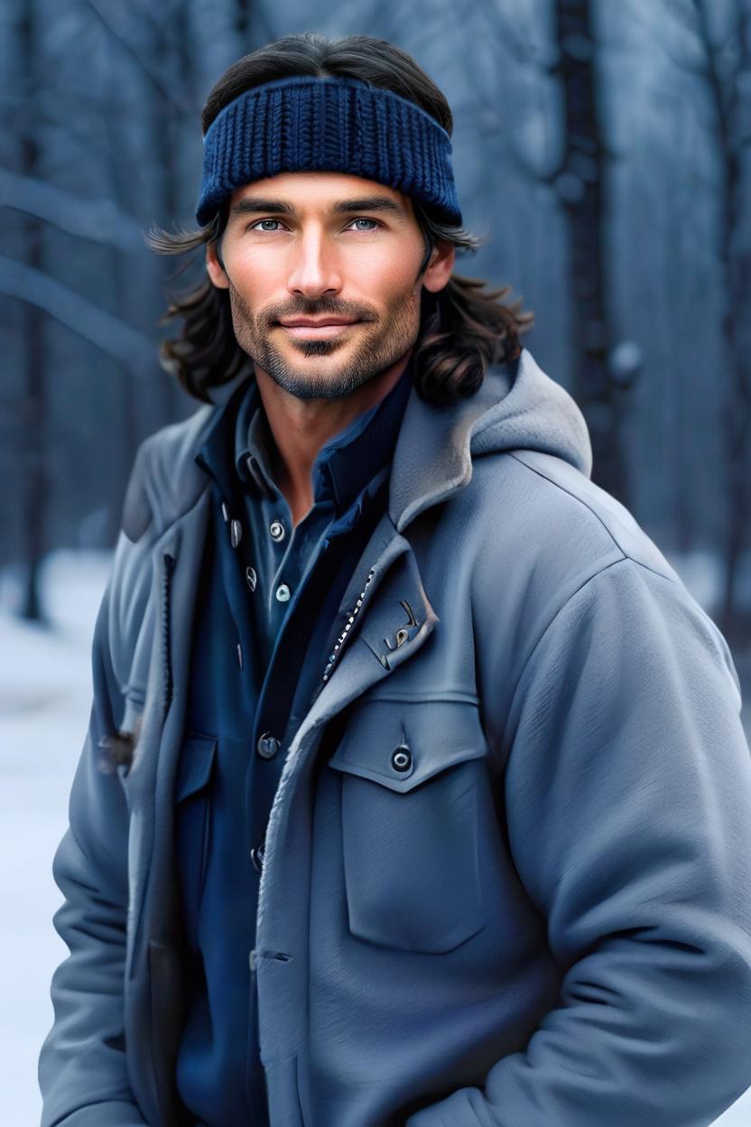 Artificial Intelligence (AI) generated image art, man, photograph, handsome Native American French man, smiling, winter coat, knit hat, (hockey skates), moonlit night, country road