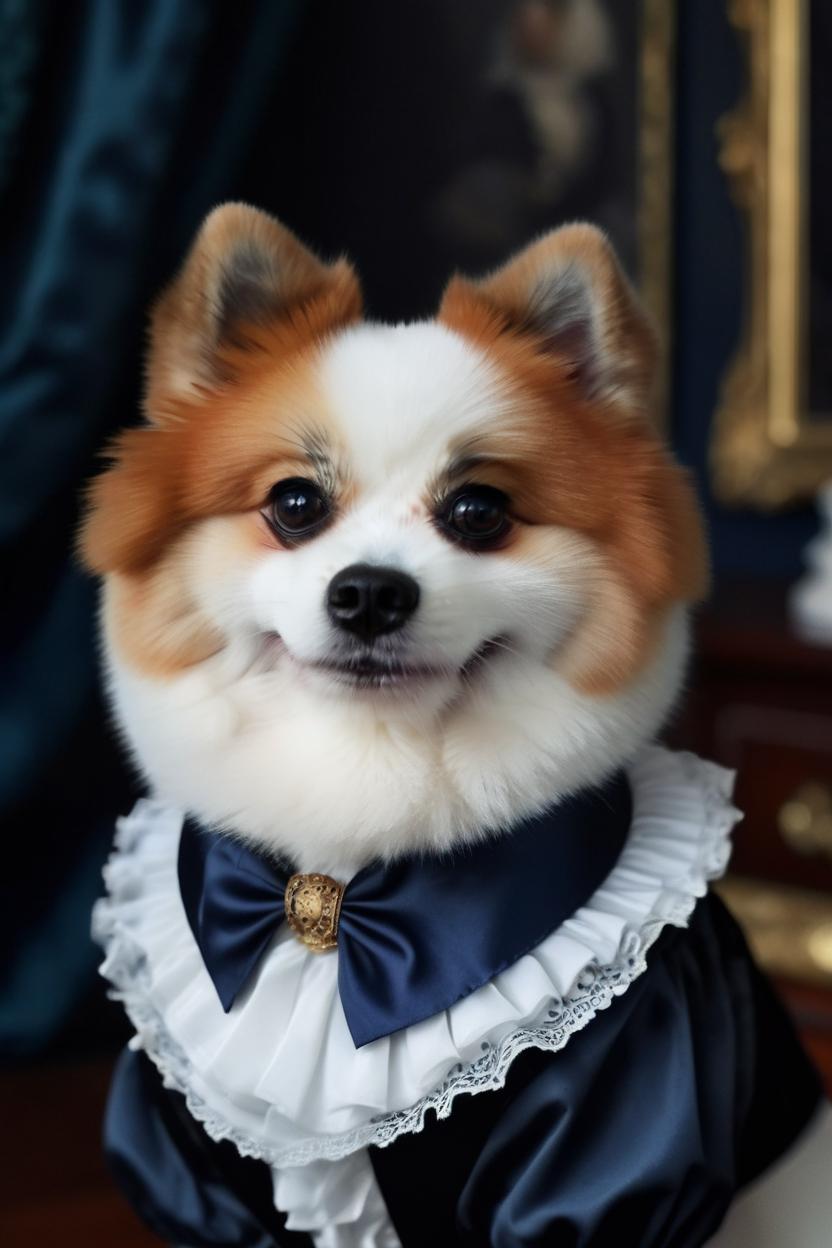 Artificial Intelligence (AI) generated image art, dog, as a victorian lady, oil painting portrait, wearing a costume from the 1800s, navy cravat, dark black wallpaper in the background, (identical and realistic head), (realistic), noble
