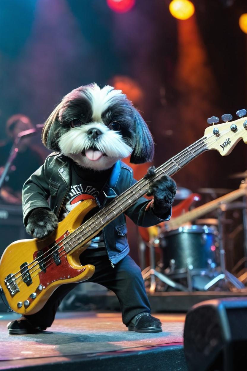 Artificial Intelligence (AI) generated image art, dog playing Bass guitar on stage with a rock band