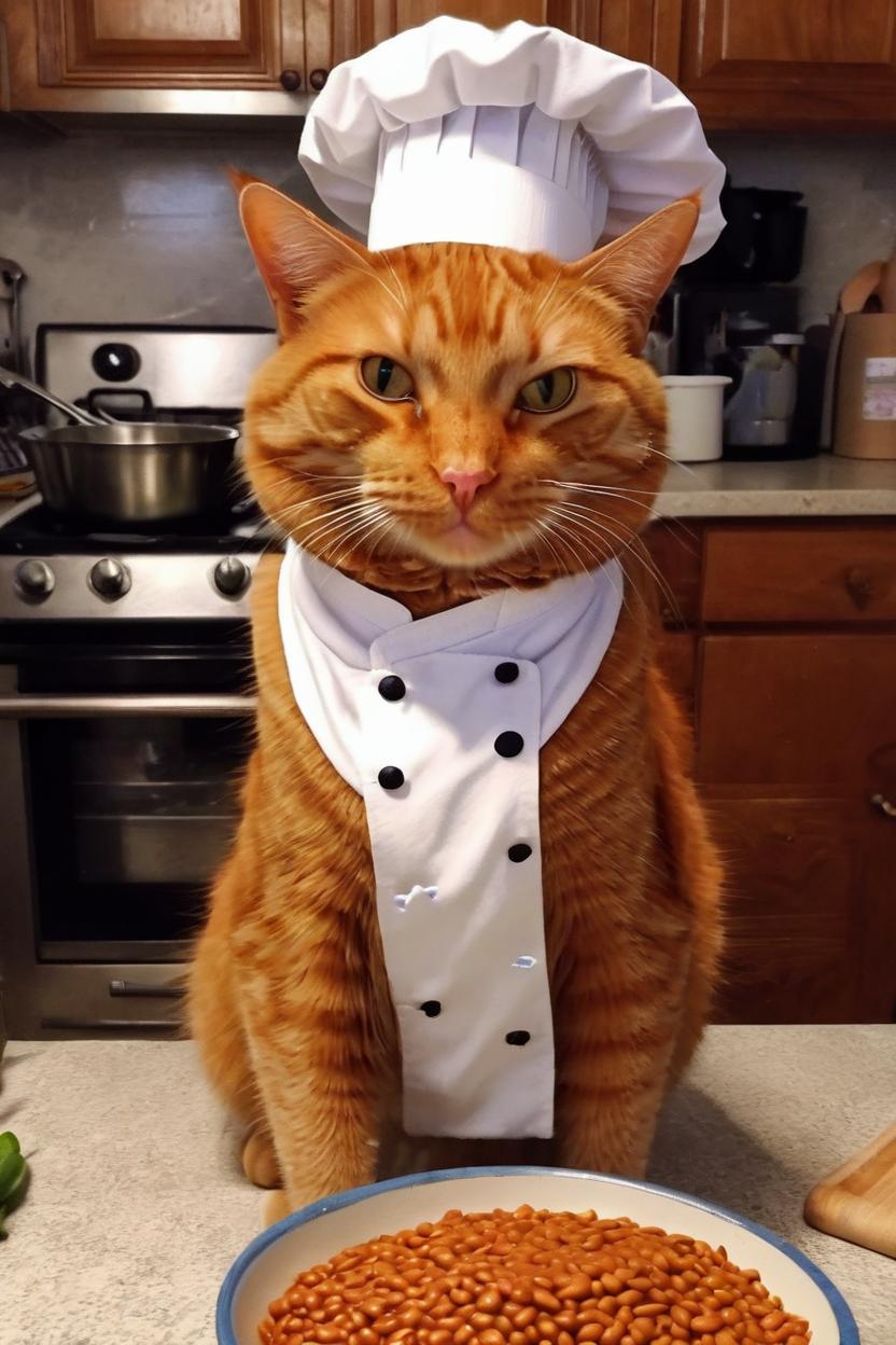 Artificial Intelligence (AI) generated image art, cat, master chef, realistic, kitchen, beans, ginger cat