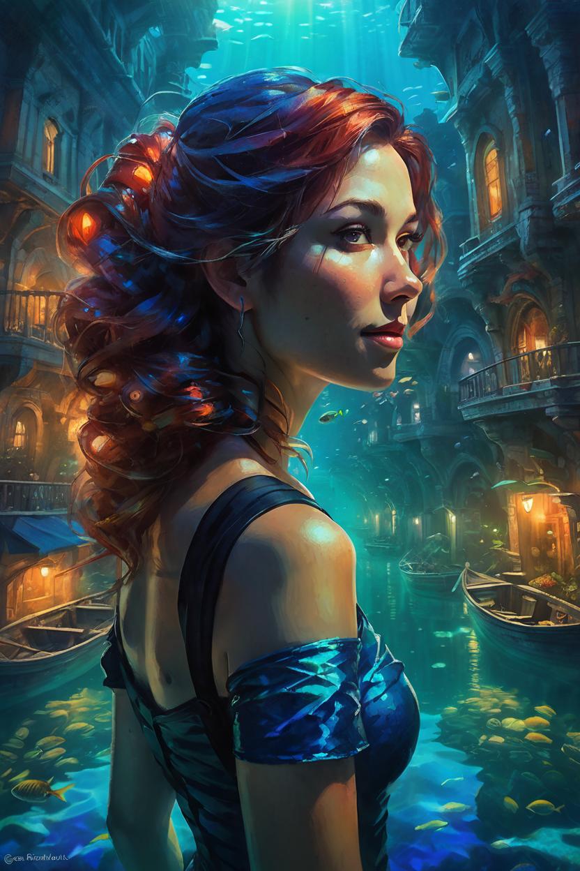 Artificial Intelligence (AI) generated image art, woman, over the shoulder, art by greg rutkowski, exploring underwater city, beautiful colors, stunning lighting, masterpiece artwork