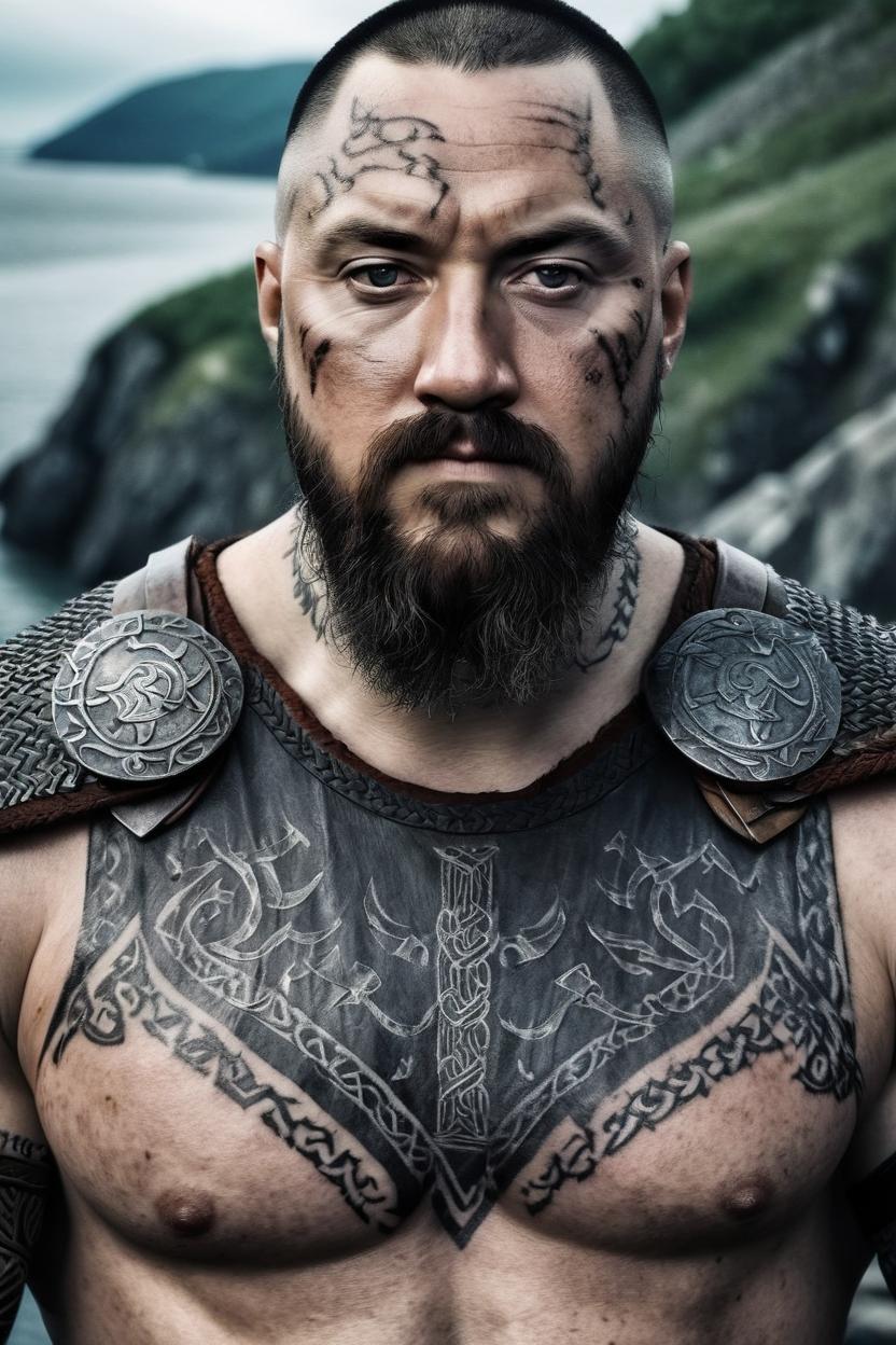 Artificial Intelligence (AI) generated image art, man, as Viking warrior similar to Ragnar Lotbrok from the movie Vikings, photo realistic. let the face be more similar to mine and with beard, place some tattoos on the scalp like Ragnar