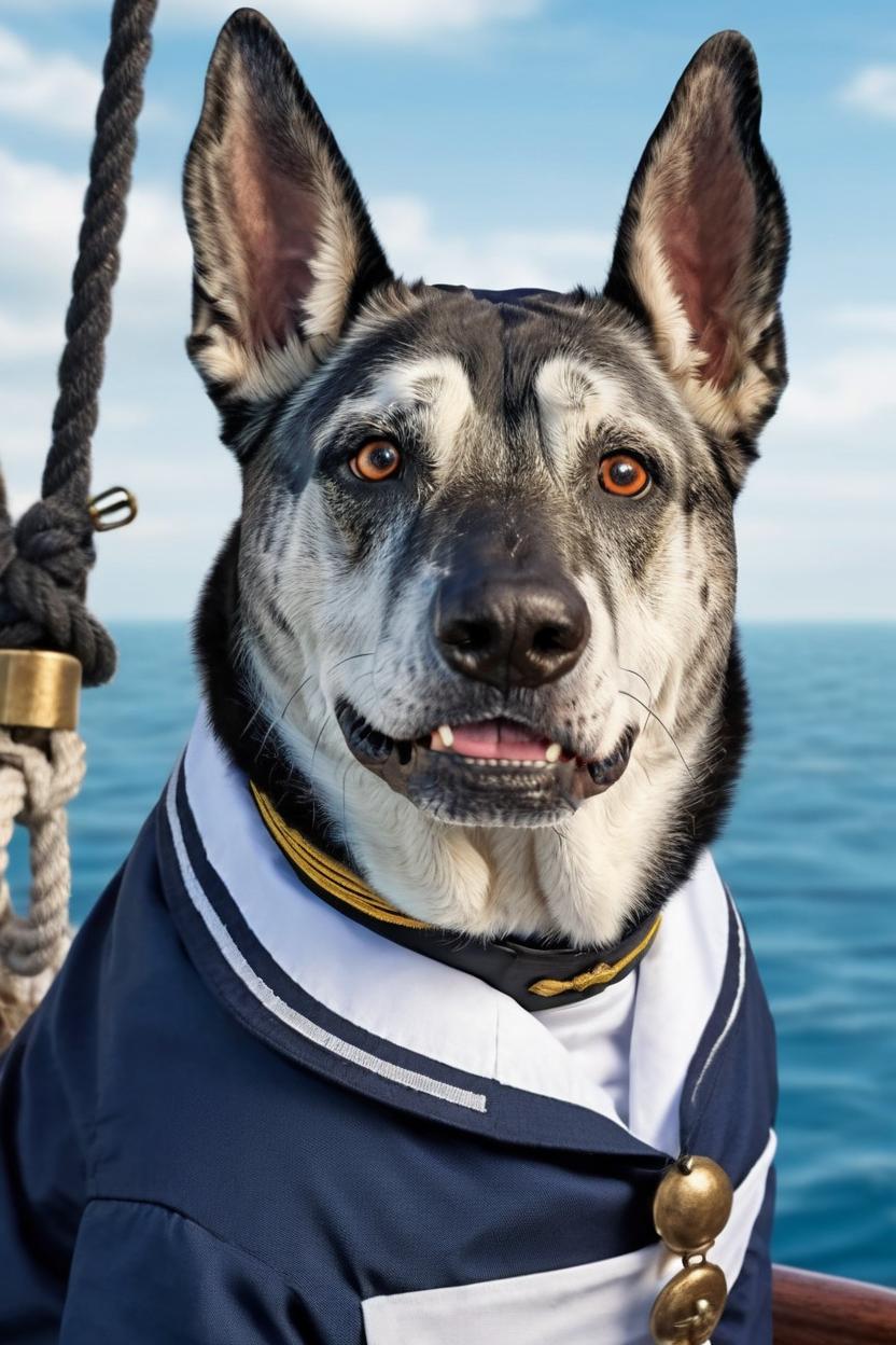Artificial Intelligence (AI) generated image art, dog, portrait (realistic and realistic head), sailor of the seas, ship related background, captain of ship, crew mate, white and blue uniform