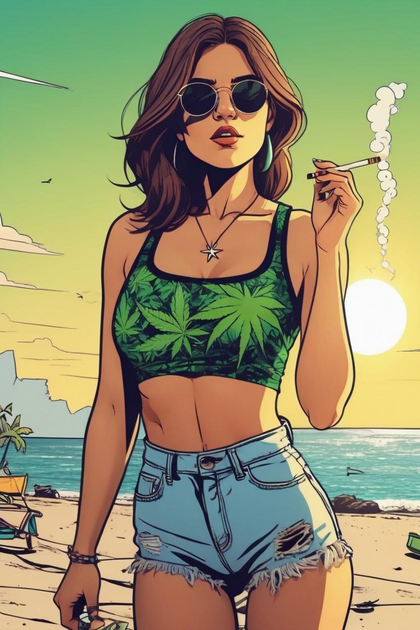 Artificial Intelligence (AI) generated image art, woman, Mexico, beach background, sun, smoking weed, young, beautiful body, animation art style, comic book style art