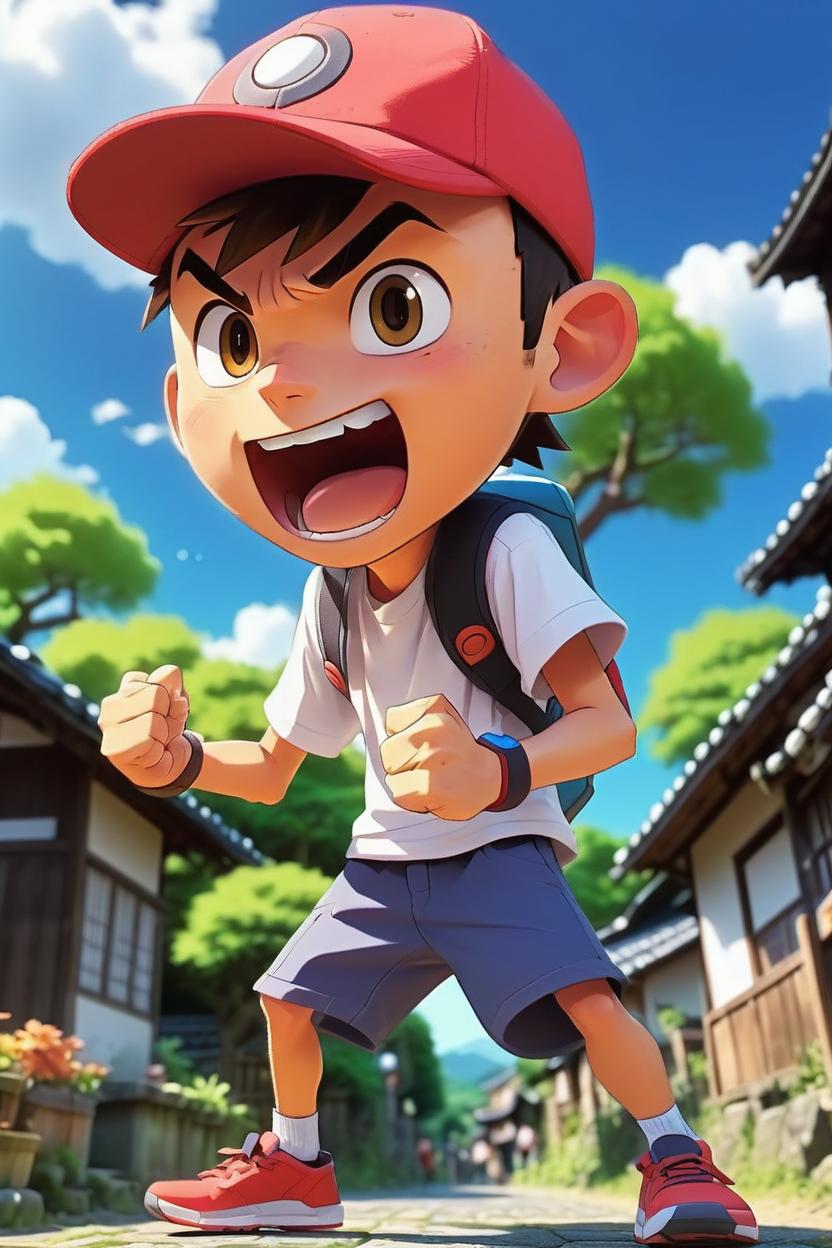 Artificial Intelligence (AI) generated image art, (((pokemon trainer cartoon character))),((man)),adult, excited, illustration, in small japan village, sharp focus, deep colours, art by Akira Egawa,4k, Anime, cinematic lighting, high depth of view, white t-shirt