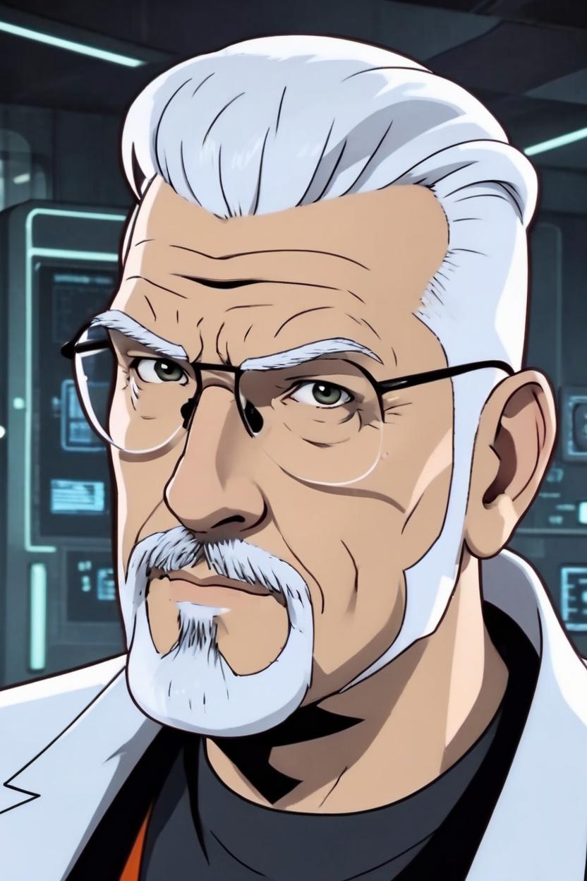 Artificial Intelligence (AI) generated image art, (in style of venture brothers animation), man, white hair, shaved on sides, grey mustache and goatee, futuristic science lab background