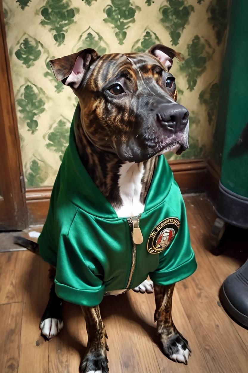 Artificial Intelligence (AI) generated image art, dog, in a royal Victorian bathroom, oil painting portrait, sitting, wearing a smoking jacket, dark green wallpaper in the background, (identical and realistic head), (realistic), on a chair or the floor