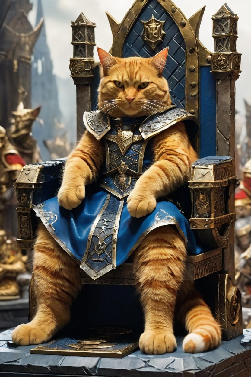 Artificial Intelligence (AI) generated image art, cat, as SIGMAR, THE GOD-KING, on his throne, unbowed and determined, the Mortal Realms, by Mark Holmes, warhammer