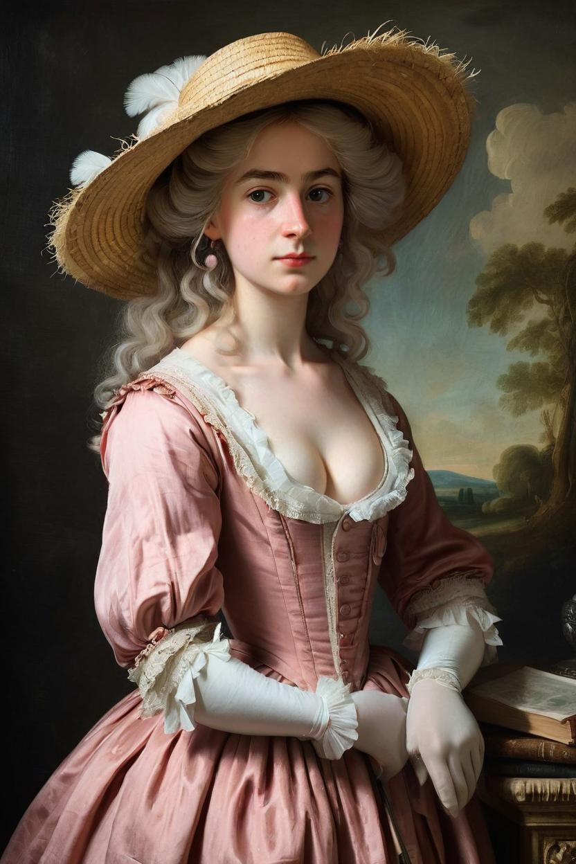 Artificial Intelligence (AI) generated image art, woman, As girl in painting in style in of Louise Élisabeth Vigée Le Brun’s Self-portrait with a Straw Hat, The colors, textures, skin tones, and social consequences make up this incredibly captivating self-portrait. She is dressed in a dusty pink cotton dress, made popular by Queen Marie Antoinette in the 1780s, which is now more often known as a chemise à la Reine. It has white frills edging the neckline and wrists and white cuffs. The outfit is sharply contrasted by a black shawl that wraps over her elbows and hangs below her arm. Her hair is covered by a flat straw hat. The portrait is painted with the elegance and apparel of a respectable aristocratic lady painter. oil on canvas, artwork, masterpiece, gallery quality.