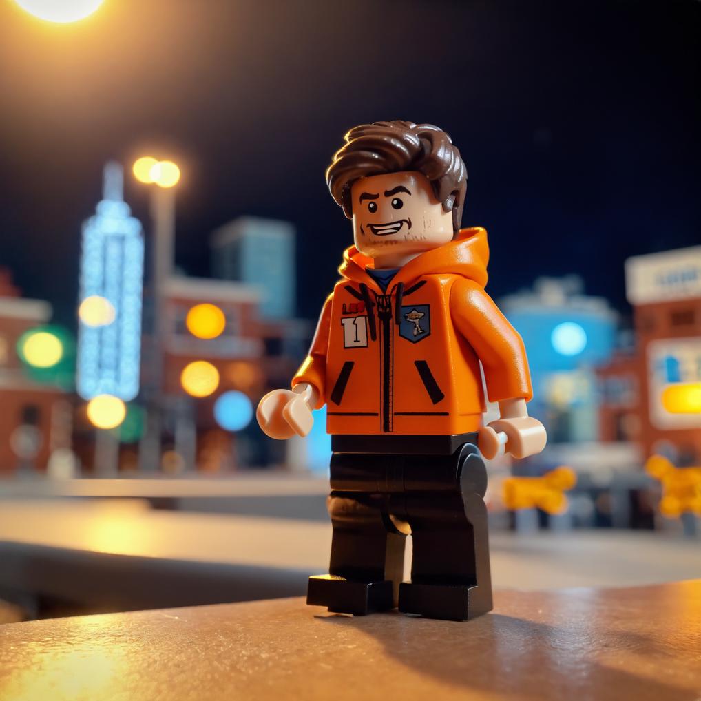 Artificial Intelligence (AI) generated image art, man, as a Lego figurine in the style of 2014 The Lego Movie, happy expression, cinematic beautiful lighting, sharp focus, burnt orange Texas hoodie, 2 dimensional, Lego city in the background, The Old West, bokeh, soft lighting, vignette