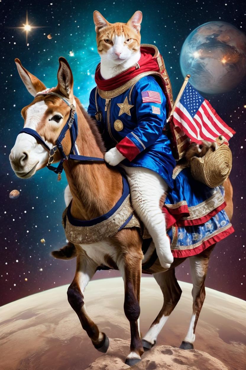 Artificial Intelligence (AI) generated image art, cat, an astronaut among the stars, wearing renaissance garb riding a donkey