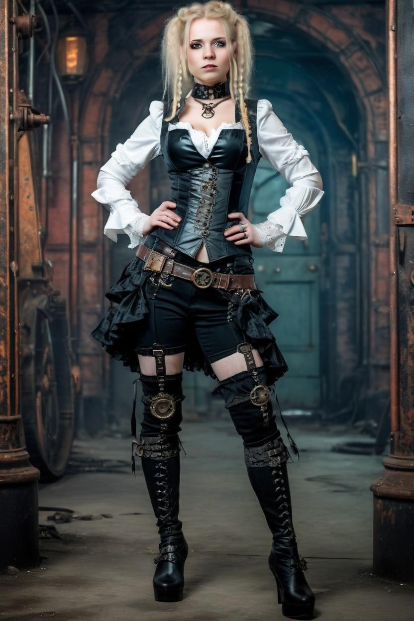 Artificial Intelligence (AI) generated image art, woman, as an extremely beautiful steampunk model, overknee laced boots, realistic, full body, victorian choker, ((dystopian background))