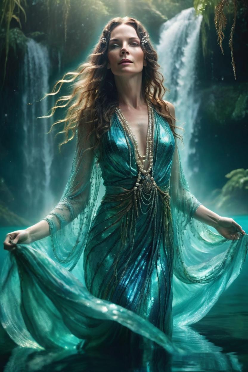 Artificial Intelligence (AI) generated image art, woman, Create a stunning image of a water goddess emerging gracefully from a sparkling turquoise lagoon. She has flowing, wet hair adorned with pearls and seaweed, her skin glowing with a radiant, ethereal shimmer. Her eyes are deep and mesmerizing, reflecting the colours of the ocean. She wears a gown made of flowing water and iridescent scales, blending seamlessly with her surroundings. The background features cascading waterfalls, lush greenery, and mist rising from the water, creating a mystical and divine atmosphere. Light reflects softly, enhancing her celestial beauty and serene power.