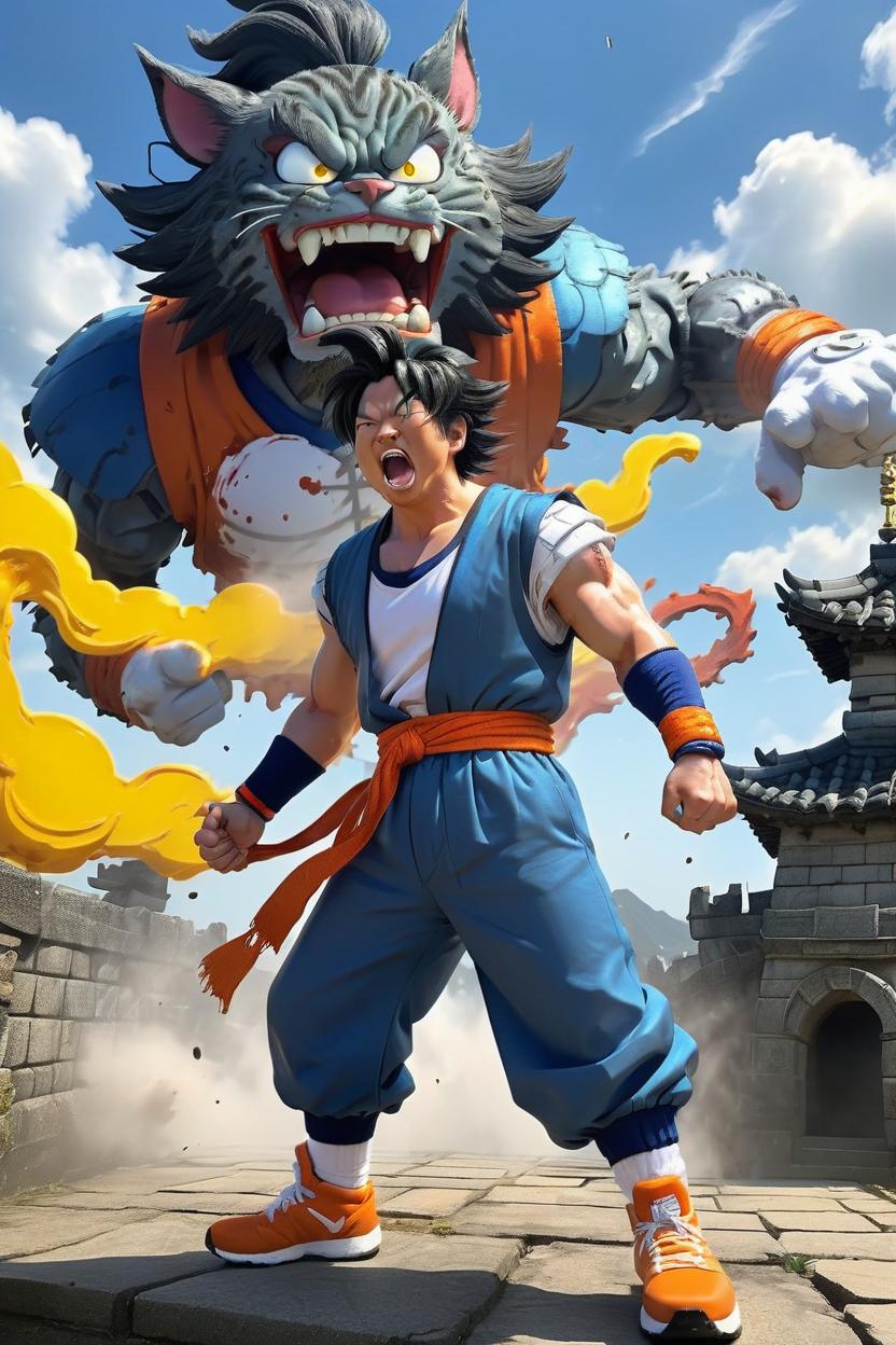 Artificial Intelligence (AI) generated image art, man, as a super son goku, In the style of Anime, Dragon Ball Z, art by Akira Toriyama, full body, looks like man, powering up to next saiyan level, coloured aura, highly detail, angry, sweaty and bloody from the battle, in a battle field, background Korean style castle, with a tabby cat and tuxedo cat in anime style, 4k, Anime