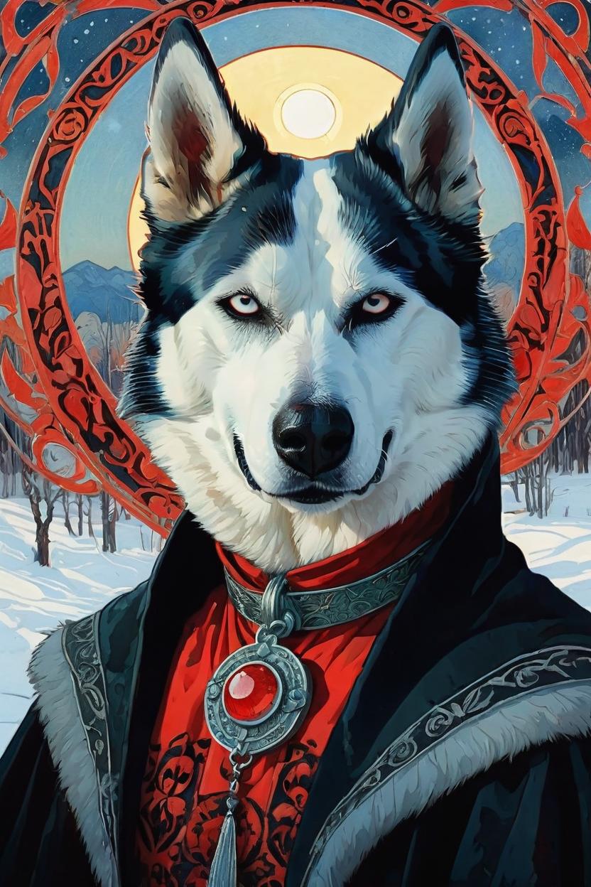 Artificial Intelligence (AI) generated image art, dog, portrait with a halo, artwork by Ivan Bilibin, Art Nouveau, red and black, vampire, devil, winter setting