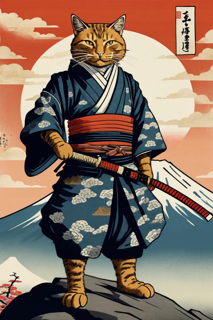 Artificial Intelligence (AI) generated image art, cat, anthropomorphic, samurai, Ukiyo-e style, mt. fuji