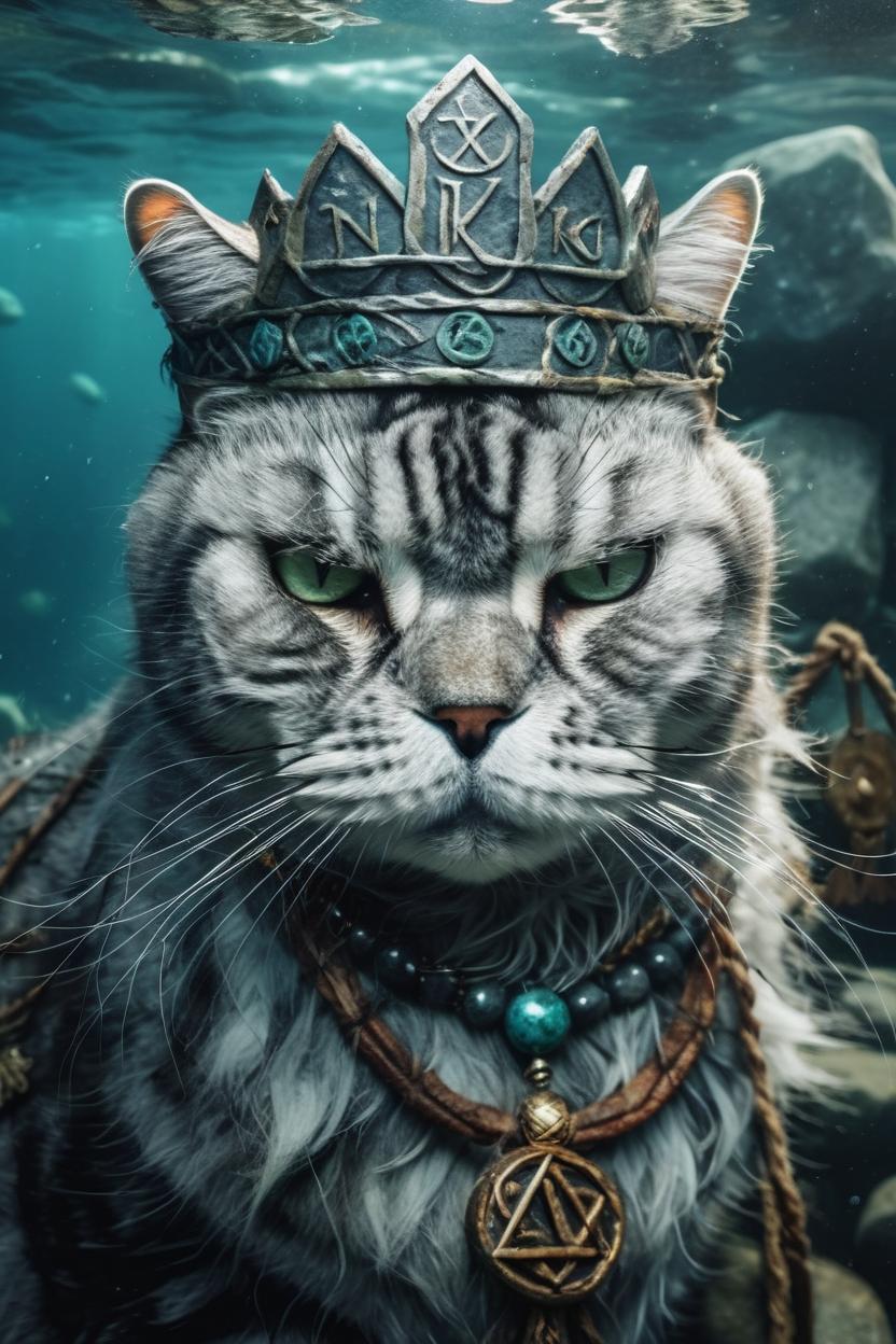 Artificial Intelligence (AI) generated image art, cat, viking north druid, mermaid king, wise old cat god of death, witch pagan face portrait, underwater, covered in runes, crown made of stone with tarot symbols
