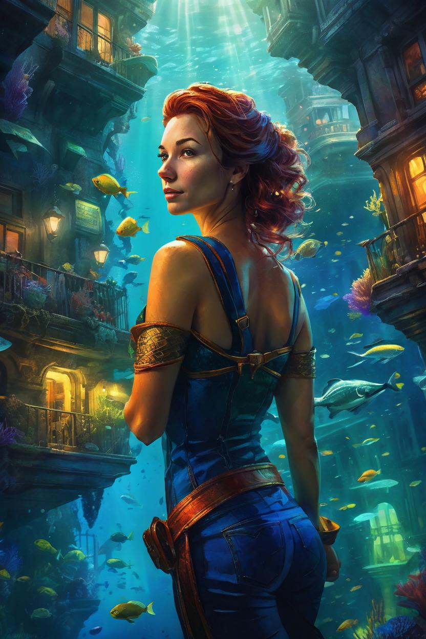Artificial Intelligence (AI) generated image art, woman, over the shoulder, art by greg rutkowski, exploring underwater city, beautiful colors, stunning lighting, masterpiece artwork