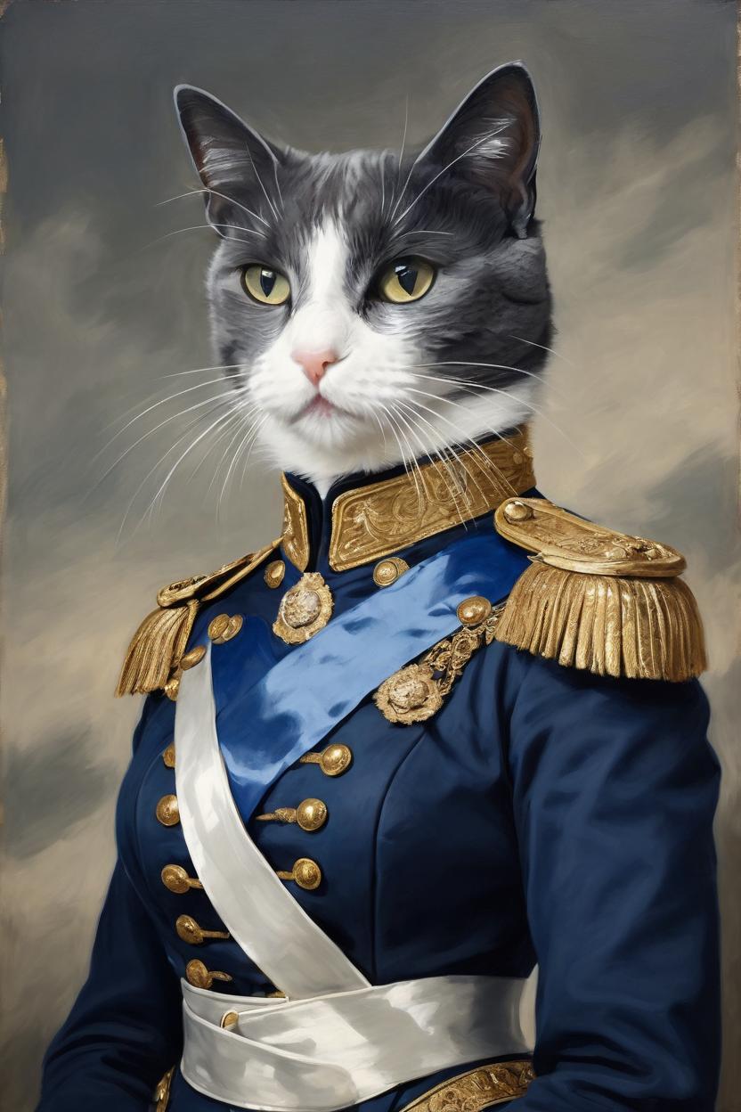 Artificial Intelligence (AI) generated image art, A classic noble portrait painting featuring cat wearing a 19th-century European noble uniform. The woman stands proudly, gazing slightly to the side, with a calm and confident expression. Her uniform includes a dark blue coat with gold epaulettes, a shiny brass cuirass with intricate details, and a white sash. Herr furr looks more gray