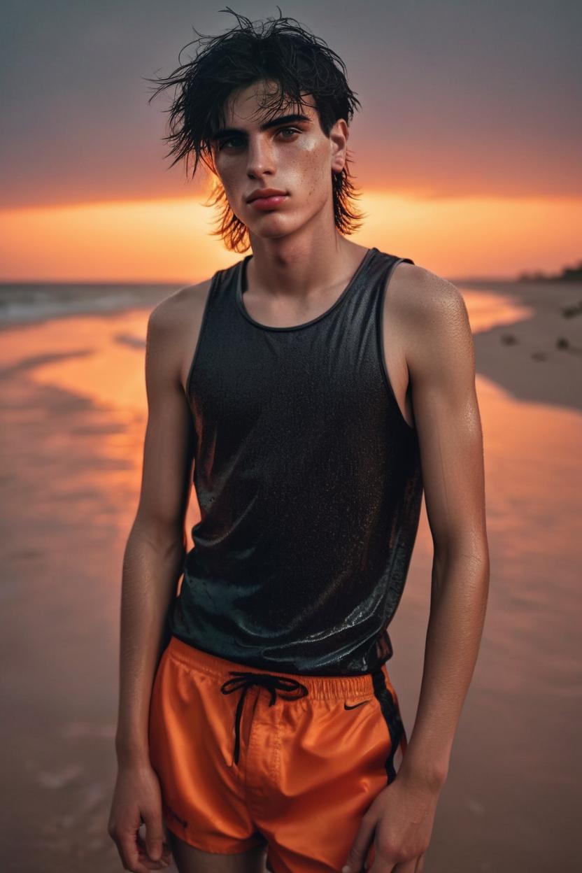 Artificial Intelligence (AI) generated image art, A vacation portrait of man, photography by annie leibovitz and Lorenzo Agius, very detailed and natural eyes, damp and neat hair, very natural skin, very lean body, slender face with full lips, youthful features, on an empty beach, red-orange sunset, bathed in orange light, wearing black swim trunks