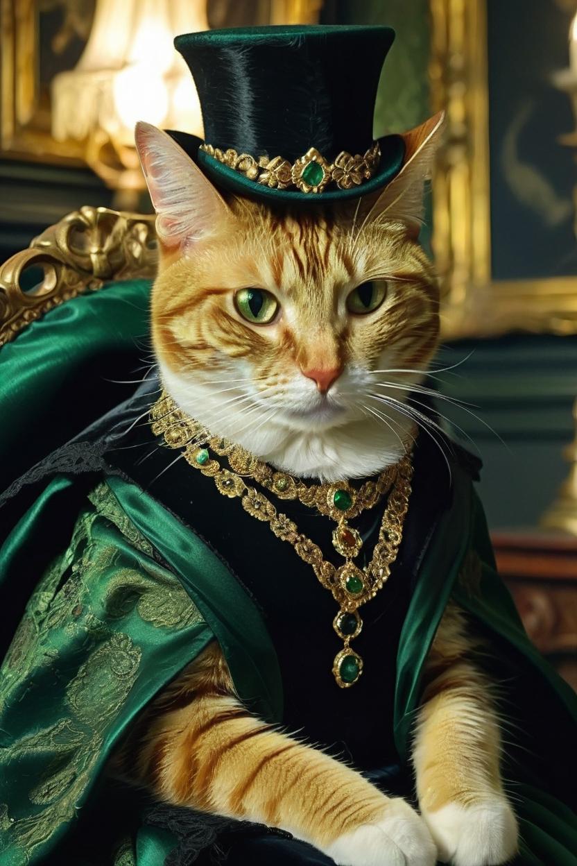 Artificial Intelligence (AI) generated image art, cat dressed in a lavish regal outfit from the Victorian era. He is close up wearing a gold, black and dark green cape with lace and lots of jewelry. He is wearing a small top hat. He is sitting in dark lit room.