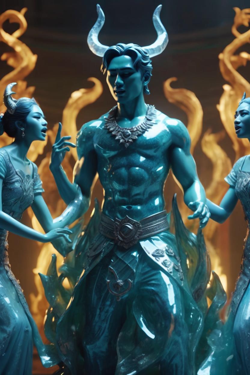 Artificial Intelligence (AI) generated image art, man as a glass statue surrounded by beautiful female demons singing music notes in cinematic