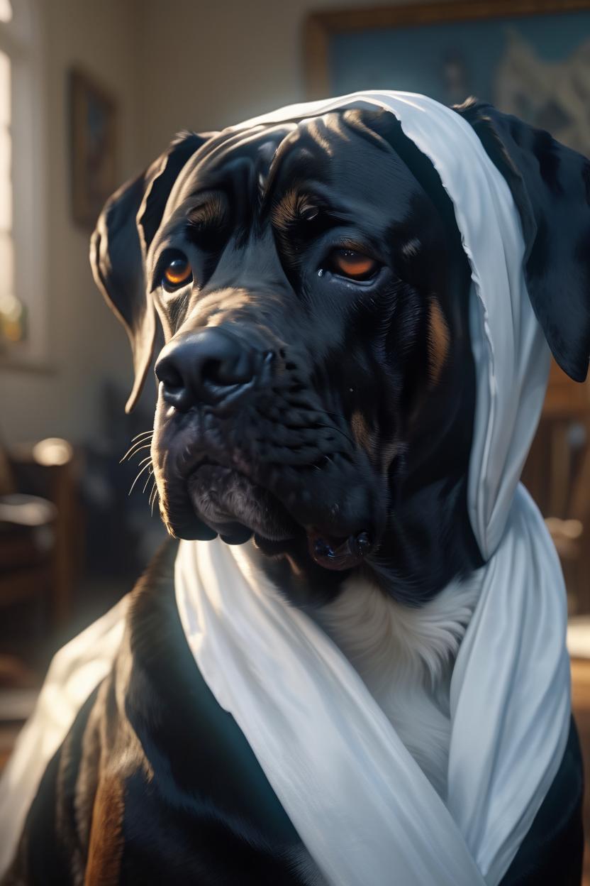 Artificial Intelligence (AI) generated image art, dog, as mother Theresa, art by greg rutkowski, cinematic lighting, 8k, sharp focus, highly detailed, contrast