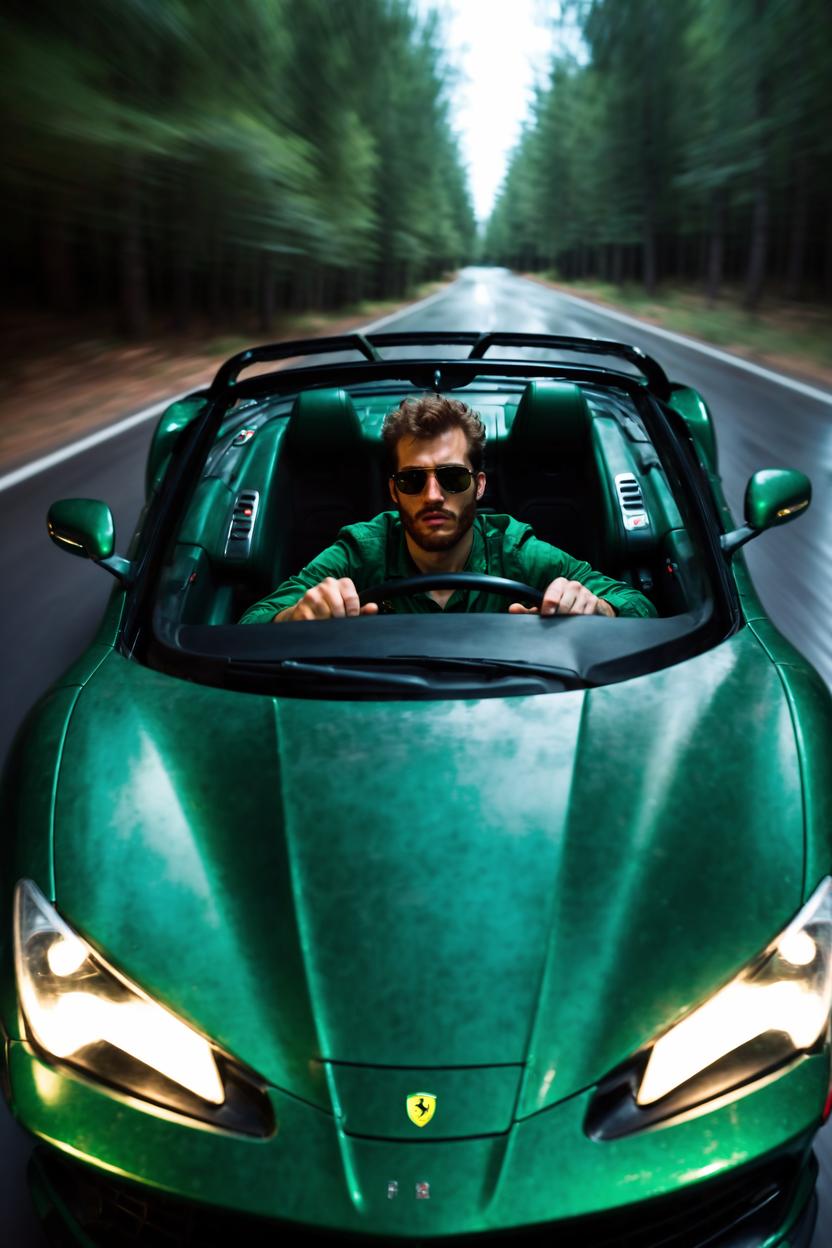 Artificial Intelligence (AI) generated image art, man, award-winning photography, driving a cabriolet, frontal portrait, in dark green ferrari car, long shot, wearing sunglasses, movement, (long exposure motion blur), dark moody, cinematic lighting, vibrant colors