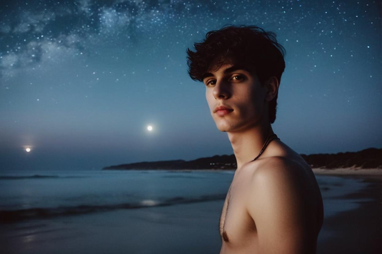 Artificial Intelligence (AI) generated image art, A serious and dreamy photograph of man, photorealistic, photo take on an old Polaroid, he is standing on a beach, at night, there is a night sky in the background, very detailed and natural eyes, (very smooth and youthful skin), ((very delicate features with full lips)), very thin body, looking away from the camera, light from the bright moon, taken from a distance, dramatic and cinematic lighting, a gloomy atmosphere, bathed in cool light, the beach is empty, lots of shadows, man is wearing black swim trunks